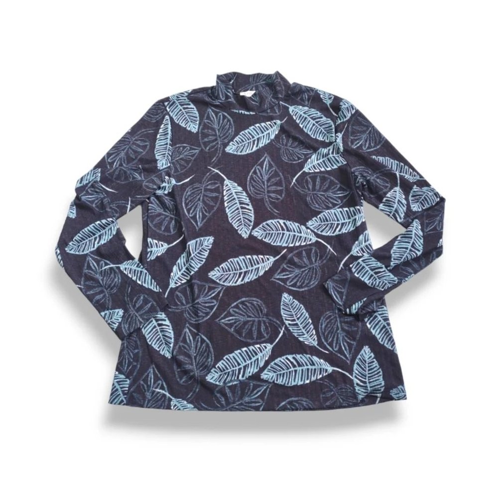 northstyle made in Canada botanical leaf print turtle neck blue top size M